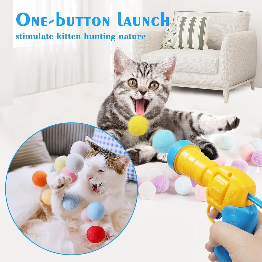 Cat Toys Interactive for Indoor Cats Kitty Toys Cat Toys for Indoor Cats Self Play Cat Ball Toy Pom Pom Balls Plush Ball Launcher for Cats Puff Balls Cat Enrichment Toys 50 Balls