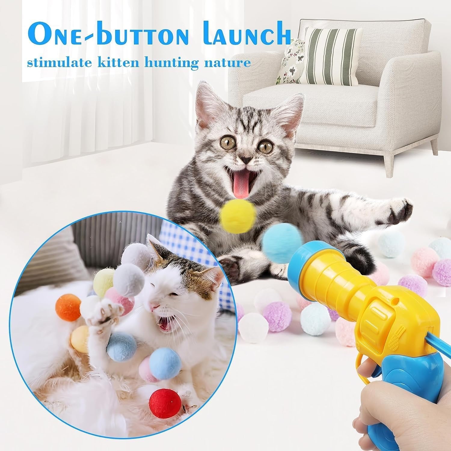 Cat Toys Interactive for Indoor Cats Kitty Toys Cat Toys for Indoor Cats Self Play Cat Ball Toy Pom Pom Balls Plush Ball Launcher for Cats Puff Balls Cat Enrichment Toys 50 Balls