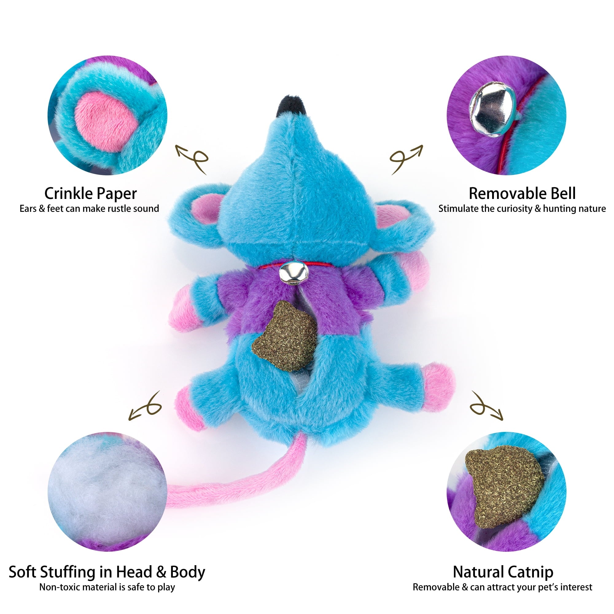 Chiwava 2 Pack 5.9" Removable Catnip Plush Cat Toys Mice with Bell Large Mouse Activity Toy