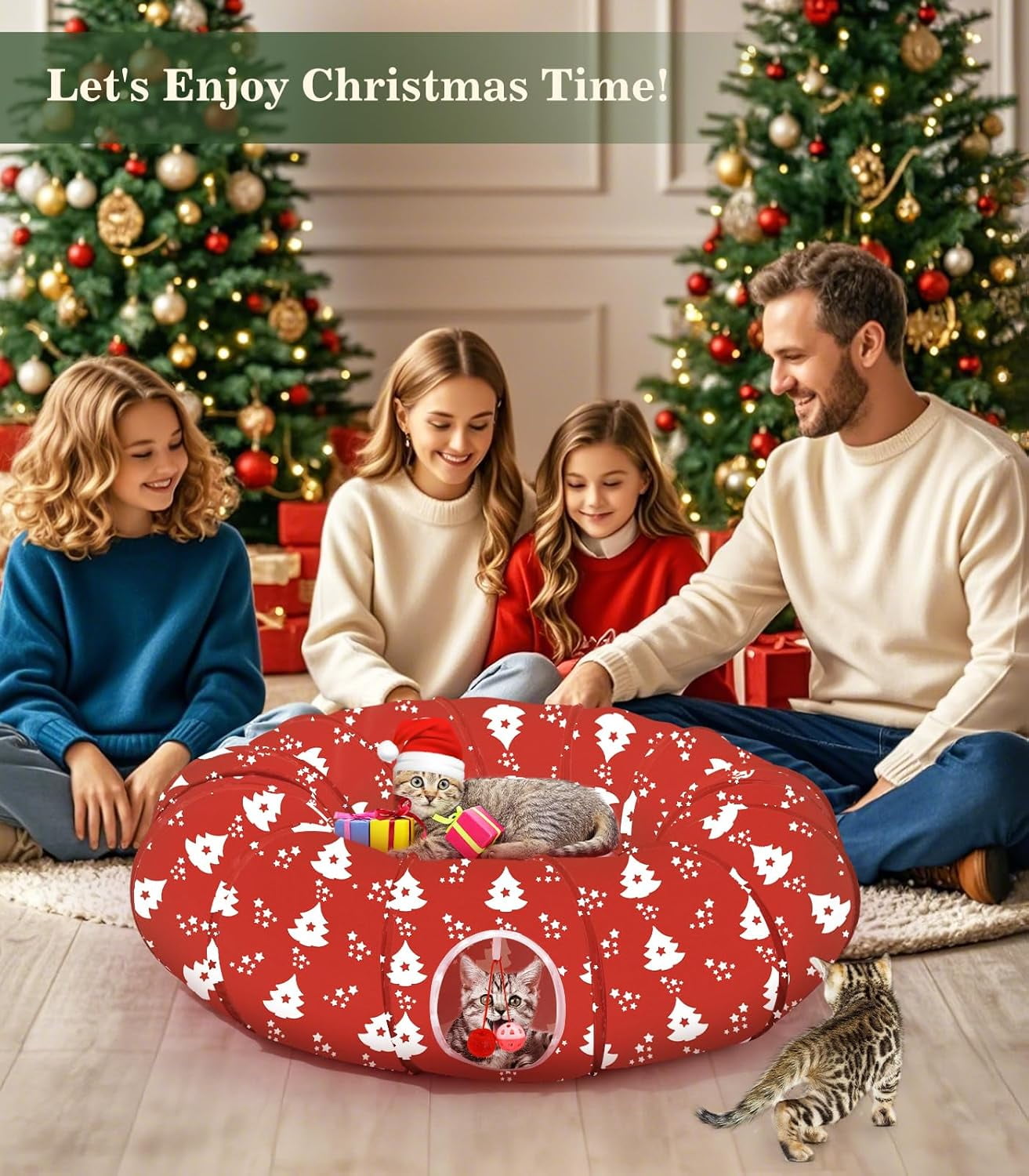 Pawaboo Cat Tunnel Bed Under Christmas Tree, 35.4'' Christmas Cat Toy Circle Tunnel with Toy Ball, Decorative Christmas Festive Foldable Kitty Tube Tunnel for Cat Small Animal (Red Xmas Tree)