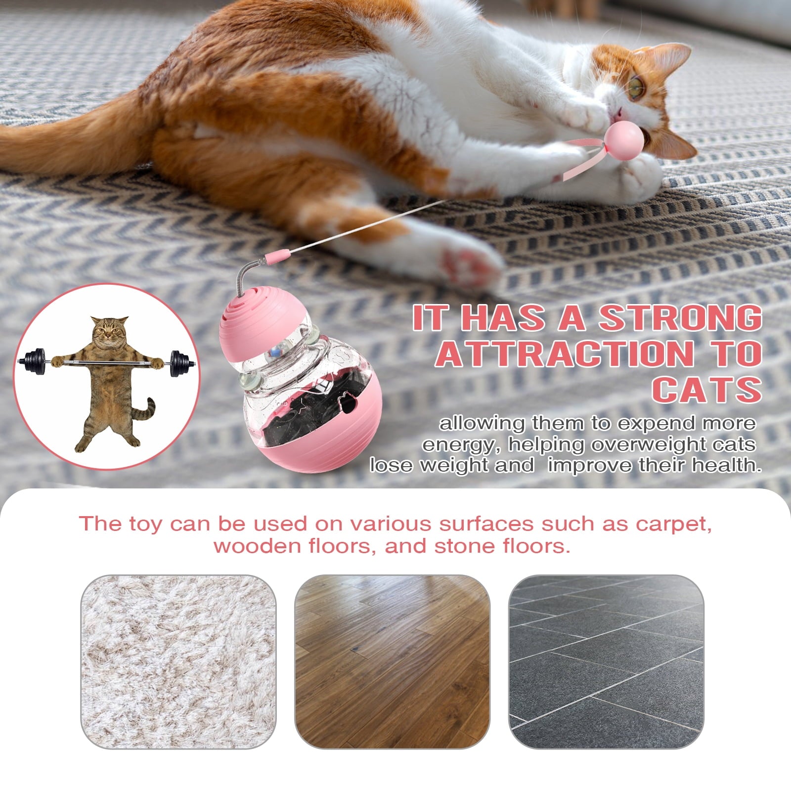 Interactive Cat Toy, Gourd Tumbler Design with Teaser Wand, Glowing Ball,A Durable and Safe Treat Dispenser-Ideal Gift for Kitten Exercise and Boredom Relief,Pink